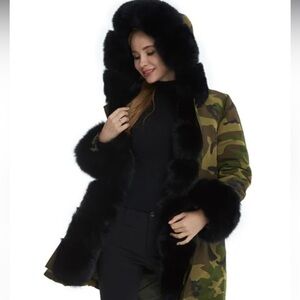VOLARE New York Camouflage fox fur jacket army green and black size S NWT